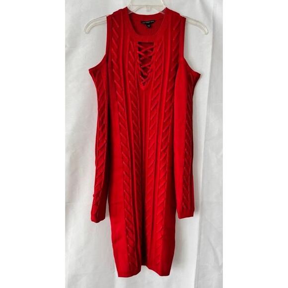 Guess Red Cold Shoulder Sweater Dress | Lace-Up Front Bodycon Knit | Size M - Picture 11 of 15